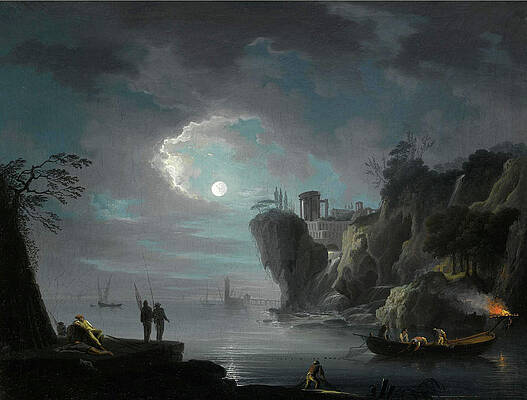 Seascape by Moonlight Print by Attributed to Francesco Fidanza