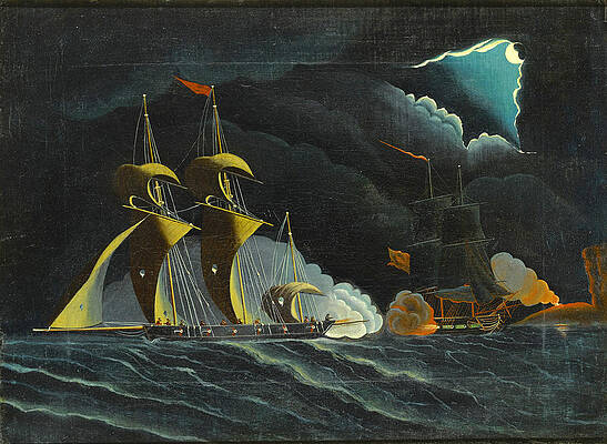 Seascape Night Scene with Pirate Ships and Cutter Firing Cannon Print by Attributed to Thomas Chambers