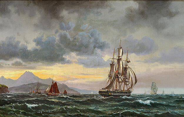 Seascape with numerous sailing ships near a rocky coast Print by Vilhelm Melbye