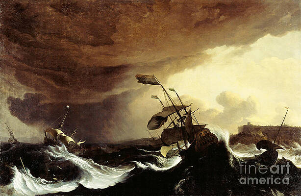 Oil andreas achenbach ships in a storm on the dutch coast seascape & ship canoes 
