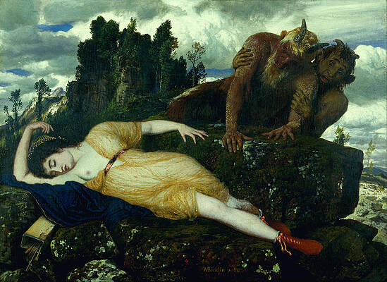 Sleeping Diana Watched By Two Fauns Print by Arnold Boecklin