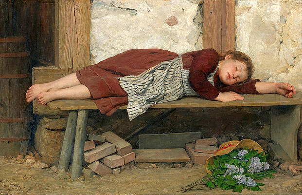 Sleeping Girl On A Wooden Bench Print by Albert Anker
