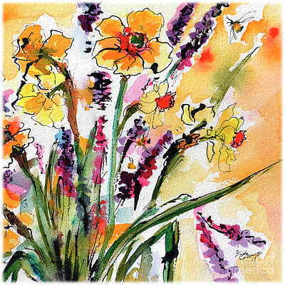 Wildflower Gathering Watercolor and Ink Painting by Ginette Callaway