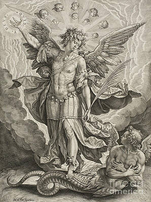 Wall Art - Drawing - St Michael Triumphing Over the Dragon by Hieronymus or Jerome Wierix