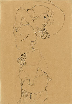 Standing Nude with Large Hat. Gertrude Schiele Print by Egon Schiele