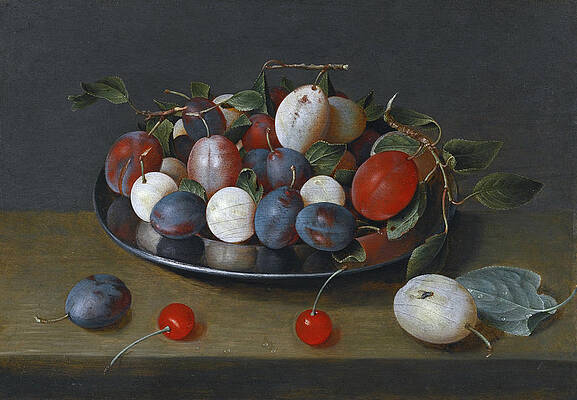 Still Life of Plums on a Plate with Cherries on the Ledge beside Print by Jacob van Hulsdonck