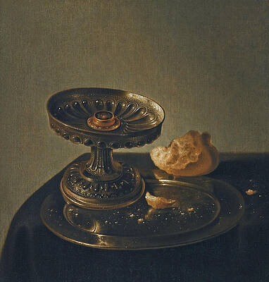 Still Life with a Tazza and Bread Roll on a Pewter Plate on a draped Ledge Print by Jan den Uyl the Elder