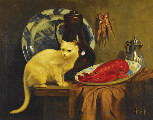 Still Life with Cat and Lobster Print by John Henry Dolph