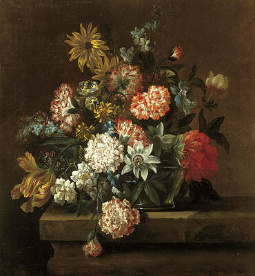 Still life with chrysanthemums morning glory a tulip and other flowers Print by Jean-Baptiste Belin