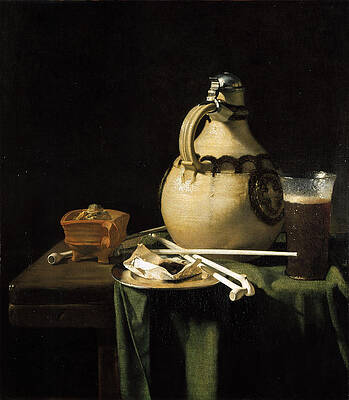 Still Life with Earthenware Jug and Clay Pipes Print by Pieter van Anraedt