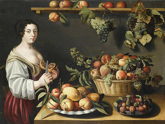 Still life with fruits and a young woman Print by Louise Moillon