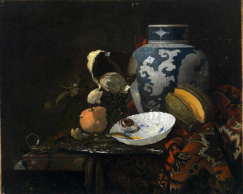  Still life with ginger pot and porcelain bowl Print by Willem Kalf