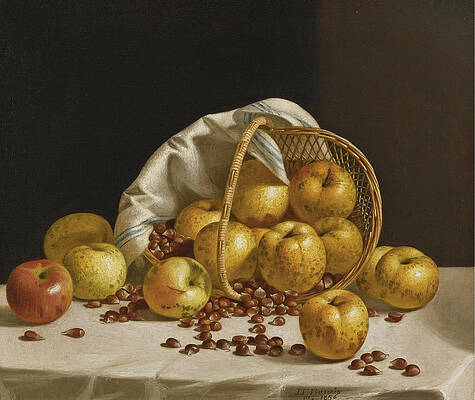 Still Life. Yellow Apples and Chestnuts spilling from a Basket Print by John F Francis