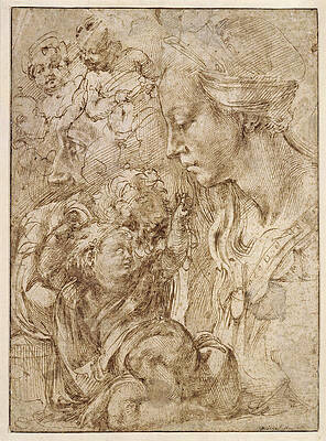 Studies for a Holy Family Print by Michelangelo di Lodovico Buonarroti Simoni