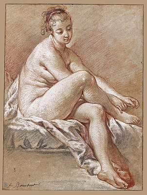 Study of a seated young female nude extending her hands to her right foot Print by Francois Boucher