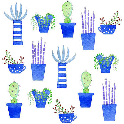 Foto en lienzo Cacti - Plants Painted by Hand on a Light Wood Background -  Vintage - Cuadros