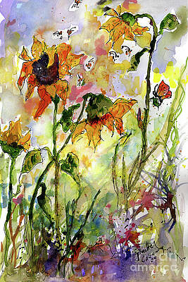 Wildflower Gathering Watercolor and Ink Painting by Ginette Callaway