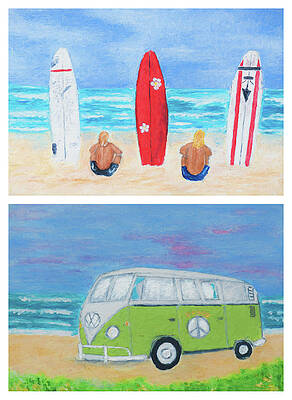 Wall Art - Painting - Surfers and Campervan by Laura Richards