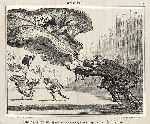 The danger of wearing hoop-skirts Print by Honore Daumier