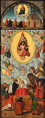 The dying man beneath the Trinity above the bereaved family pray for his soul's salvation Print by Lucas Cranach the Elder