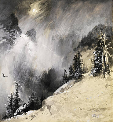 The falling flakes mountain scene. Yosemite a mountain snowfall Print by Thomas Moran