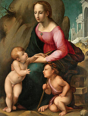 The Madonna and Child with the Infant Saint John the Baptist Print by Andrea del Brescianino