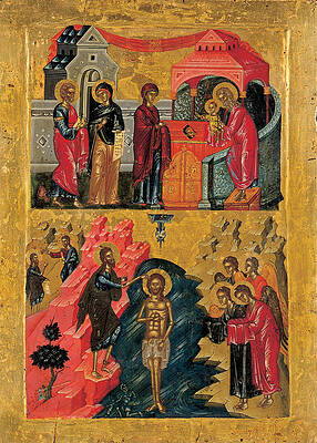 The Presentation of Christ in the Temple and the Baptism on two bands Print by Cretan workshop
