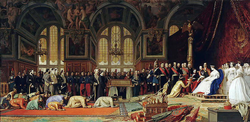 The Reception of Siamese Ambassadors by Emperor Napoleon III at the Palace of Fontainebleau Print by Jean-Leon Gerome