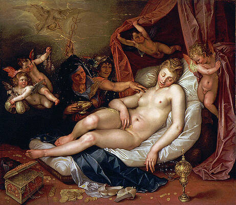 The Sleeping Danae Being Prepared To Receive Jupiter Print by Hendrik Goltzius
