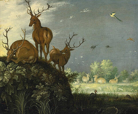 Three Stags in a Landscape Print by Roelant Savery