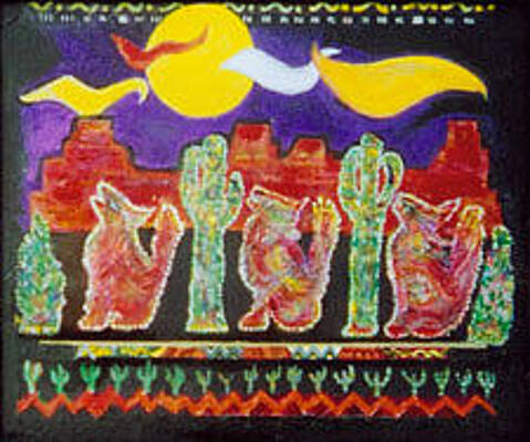 Wall Art - Mixed Media - Three Wolves Howling at the Moon by Anne-Elizabeth Whiteway
