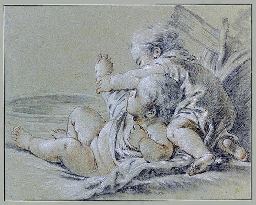 Two children beside a basin of water Print by Francois Boucher