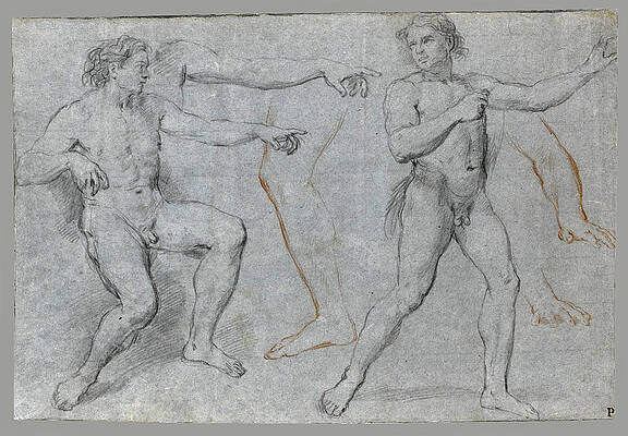 Two Male Nudes and Separate Studies of a Leg a Left Arm and a Right Hand Print by Marco Benefial