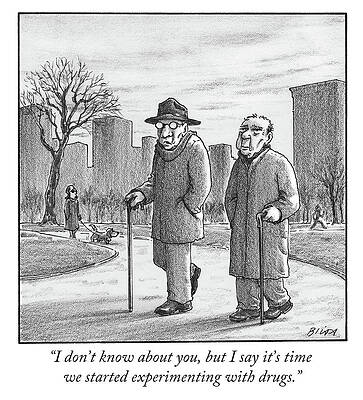 Two older men walk with canes through a park. Print by Harry Bliss
