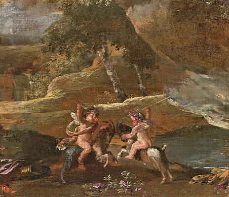 Two putti fighting mounted on goats Print by Nicolas Poussin