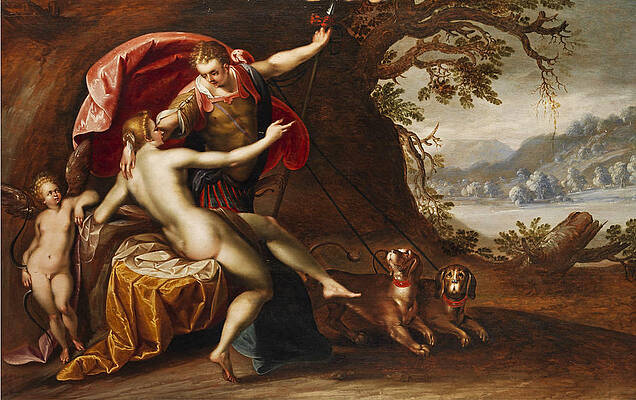 Venus and Adonis with hounds Print by Hans von Aachen and Workshop