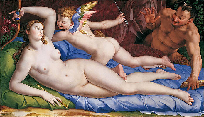 Venus, Cupid and a Satyr Print by Bronzino