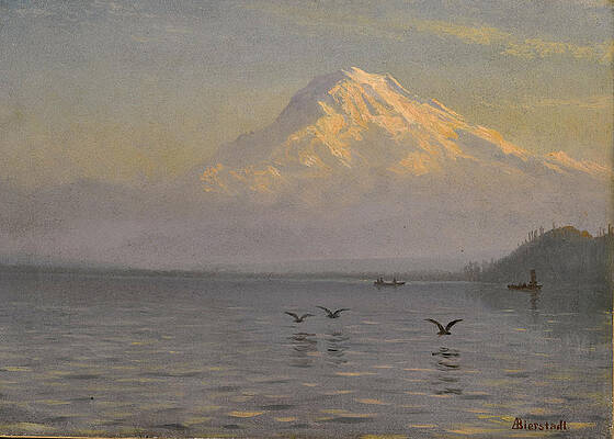 View of Mount Rainier with Fishermen Print by Albert Bierstadt