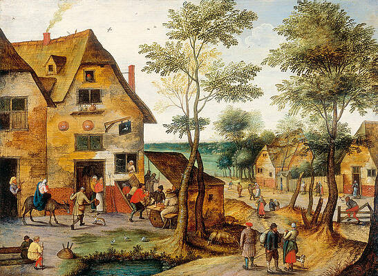 Village landscape with the Virgin Mary and St. Joseph Print by Pieter Brueghel the Younger