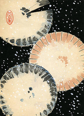 Wall Art - Painting - Vintage Japanese illustration of three open umbrellas in the snow by Japanese School