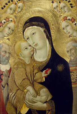 Virgin and Child with Saints Jerome and Bernardino of Siena and Six Angels Print by Sano di Pietro