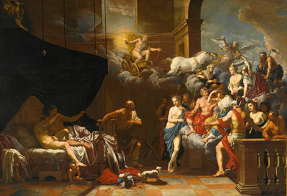 Vulcan surprising Venus and Mars in Bed before an Assembly of the Gods Print by Johann Heiss