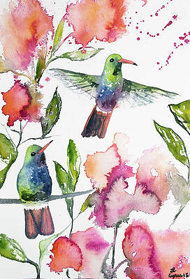 Wall Art - Painting - Watercolor - Rufous-tailed Hummingbirds with Flowers by Cascade Colors