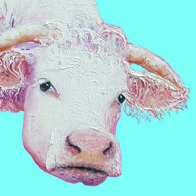 Wall Art - Painting - White cow on turquoise  by Jan Matson