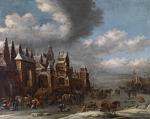 Winter landscape with horses sleighs and skaters in front of a fortified town, Print by Thomas Heeremans
