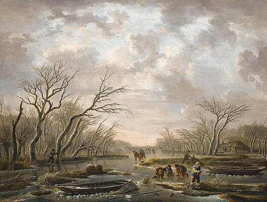Winter landscape with skaters on a frozen canal Print by Andries Vermeulen