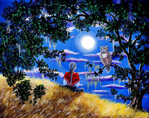 Wall Art - Painting - Wise Woman and Owl Full Moon Meditation by Laura Iverson