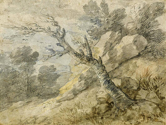 Wooded Landscape with Rocks and Tree Stump Print by Thomas Gainsborough