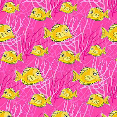 Wall Art - Digital Art - Yellow Tang in Pink Coral Sea by Antique Images