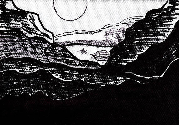 Wall Art - Drawing - Zen Sumi Midnight Mountain Lake Original Black Ink on White Canvas by Ricardos by Ricardos Creations